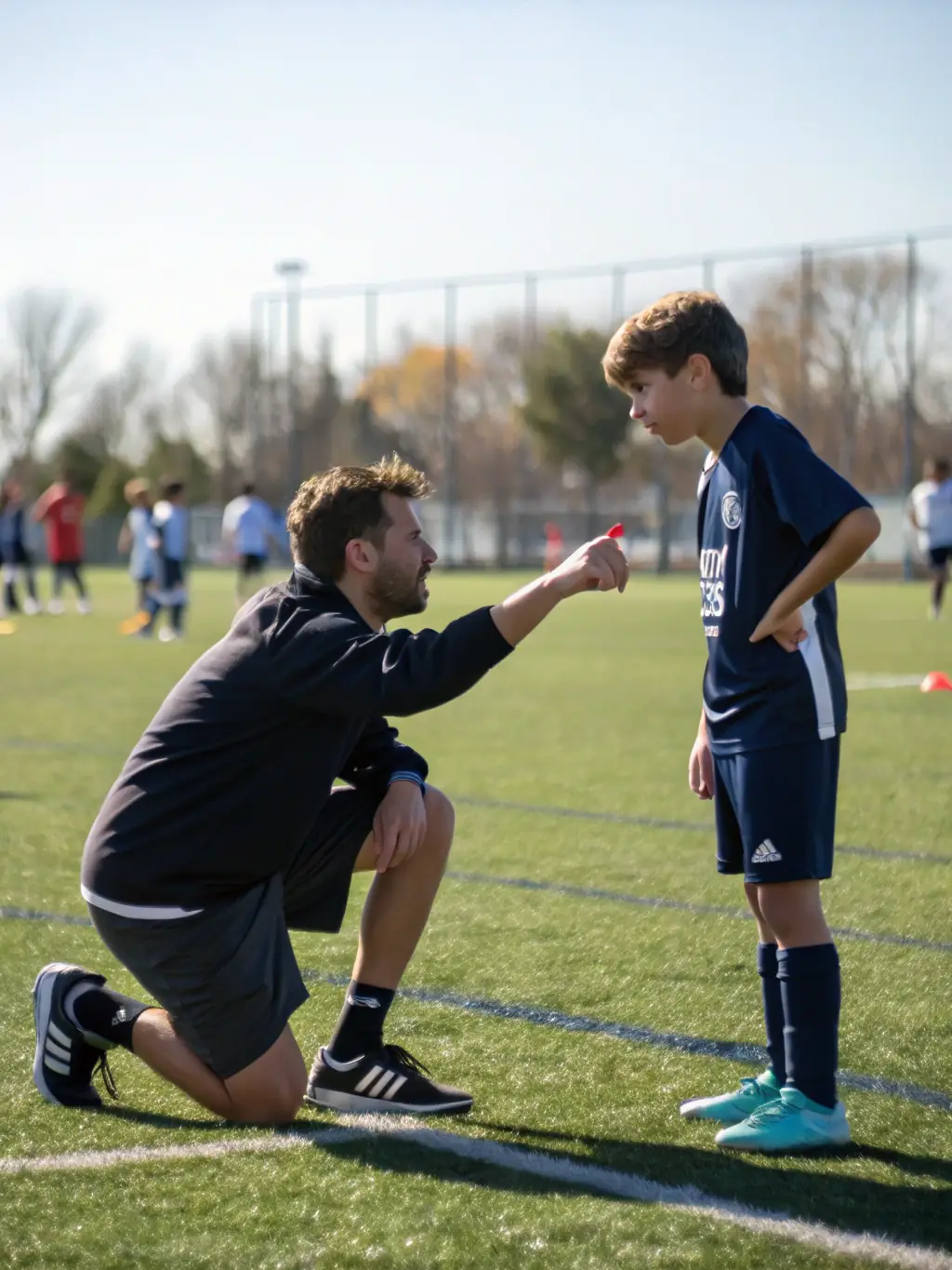 A photo of a coach mentoring a young player at SPORTING CHATAIGNERAIE CANTAL, emphasizing skill development and personalized feedback, with a focus on positive reinforcement.
