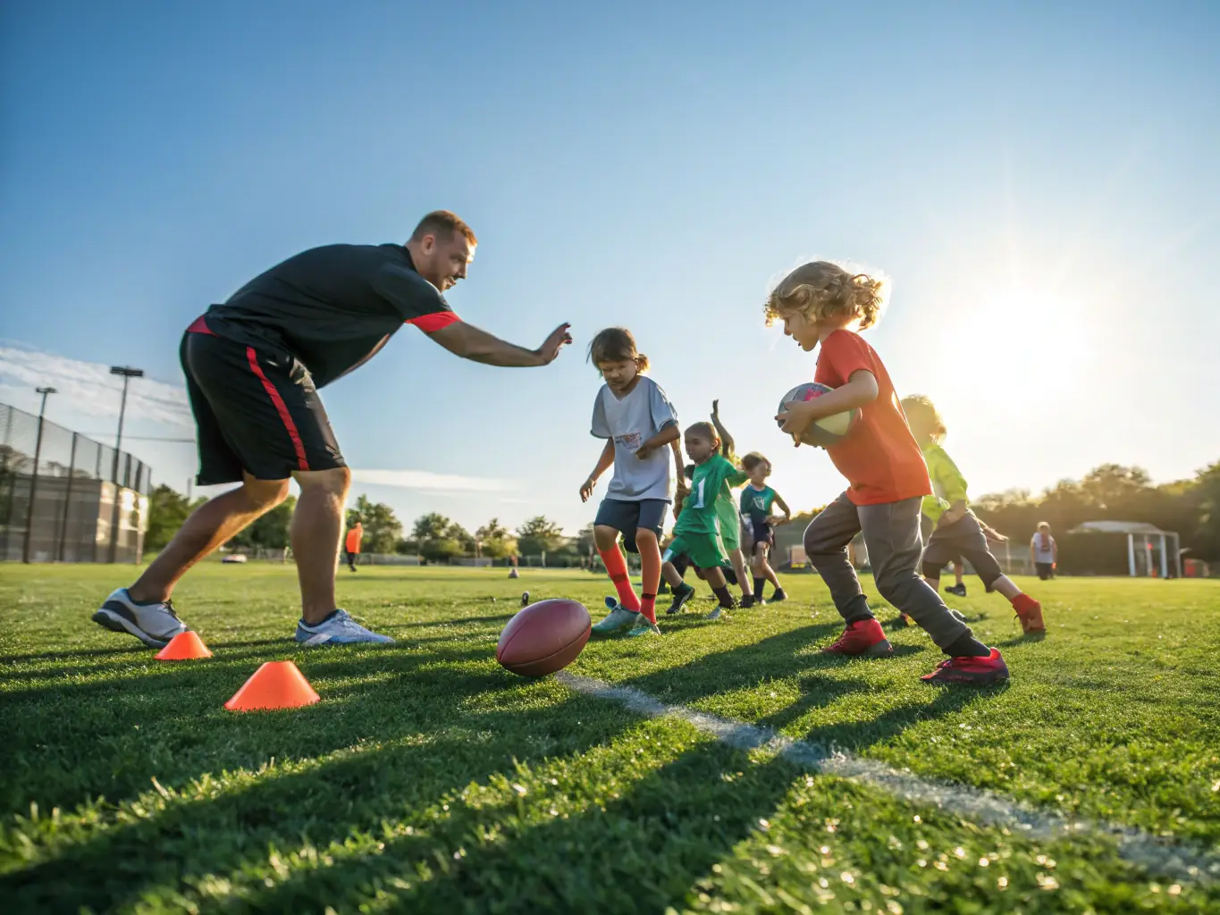 A vibrant image of young children participating in a football training session, showcasing their enthusiasm and teamwork under the guidance of a coach at SPORTING CHATAIGNERAIE CANTAL.