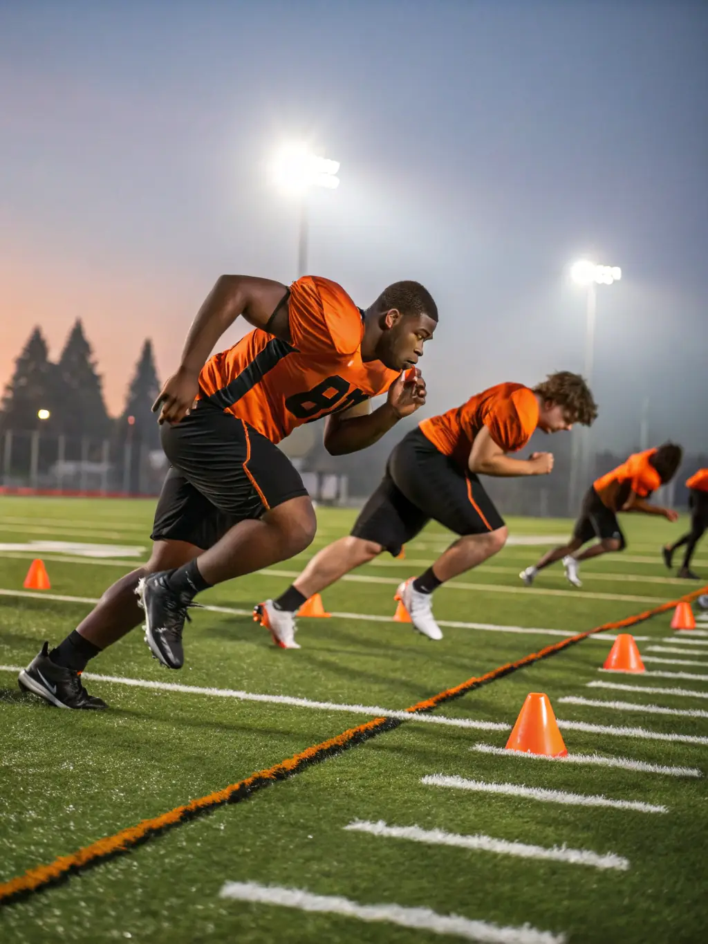 Action shot of young football players participating in a training drill at SPORTING CHATAIGNERAIE CANTAL, focusing on agility and speed, set during a sunny afternoon practice.