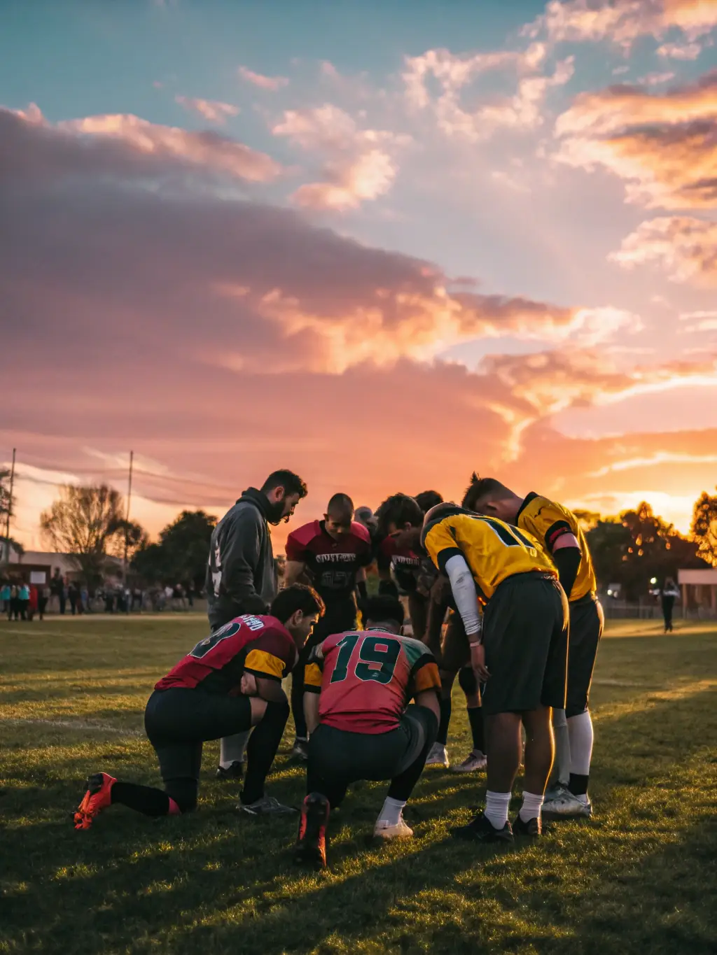 Image of a team huddle during a SPORTING CHATAIGNERAIE CANTAL match, showcasing teamwork and strategic planning, with players listening intently to their coach.