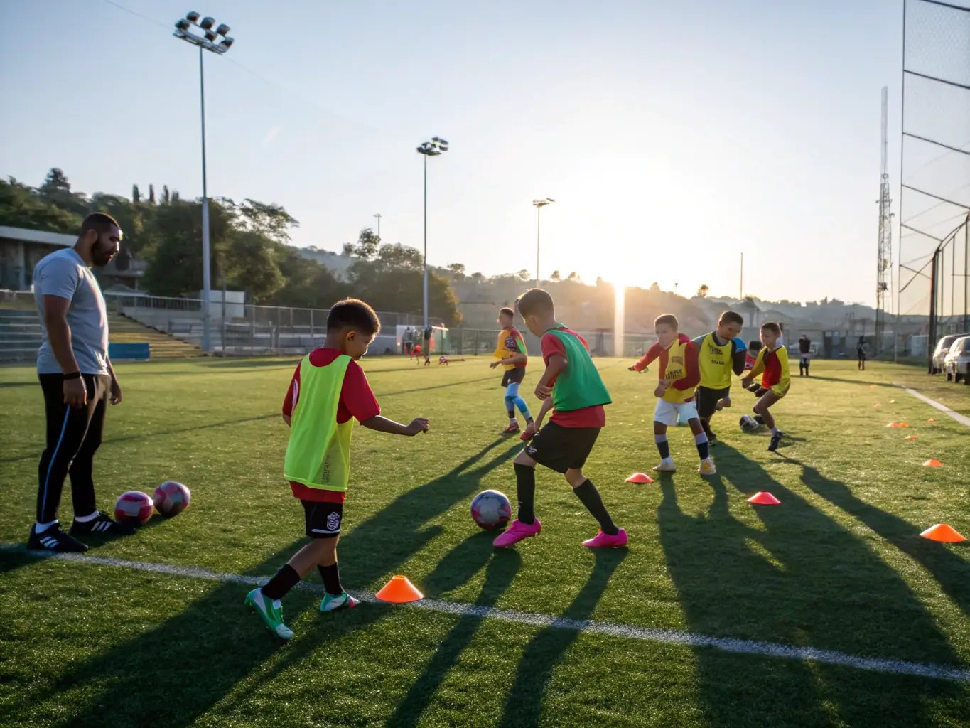 A vibrant image of young football players participating in a training session at SPORTING CHATAIGNERAIE CANTAL, showcasing teamwork and skill development.