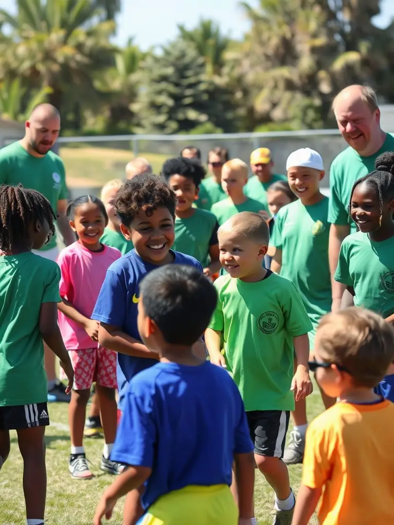 Image of participants at a SPORTING CHATAIGNERAIE CANTAL summer football camp, showing various activities like drills, scrimmages, and educational sessions, set in a vibrant outdoor environment.