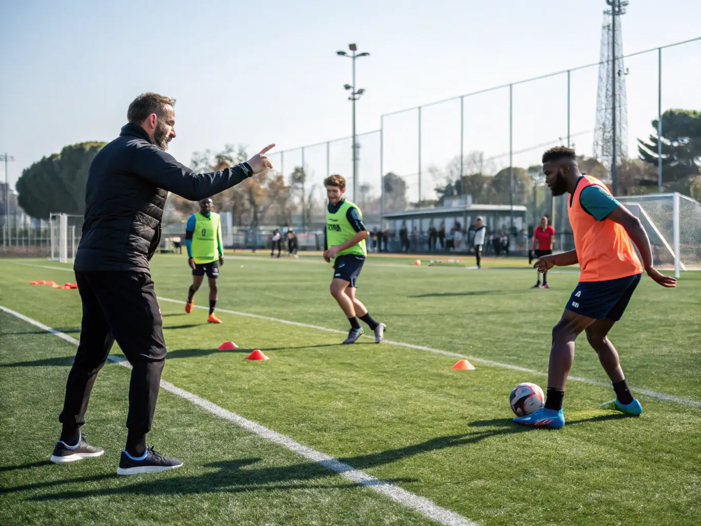 A focused image of adult players participating in a training drill, highlighting their dedication and commitment to improving their football skills at SPORTING CHATAIGNERAIE CANTAL.
