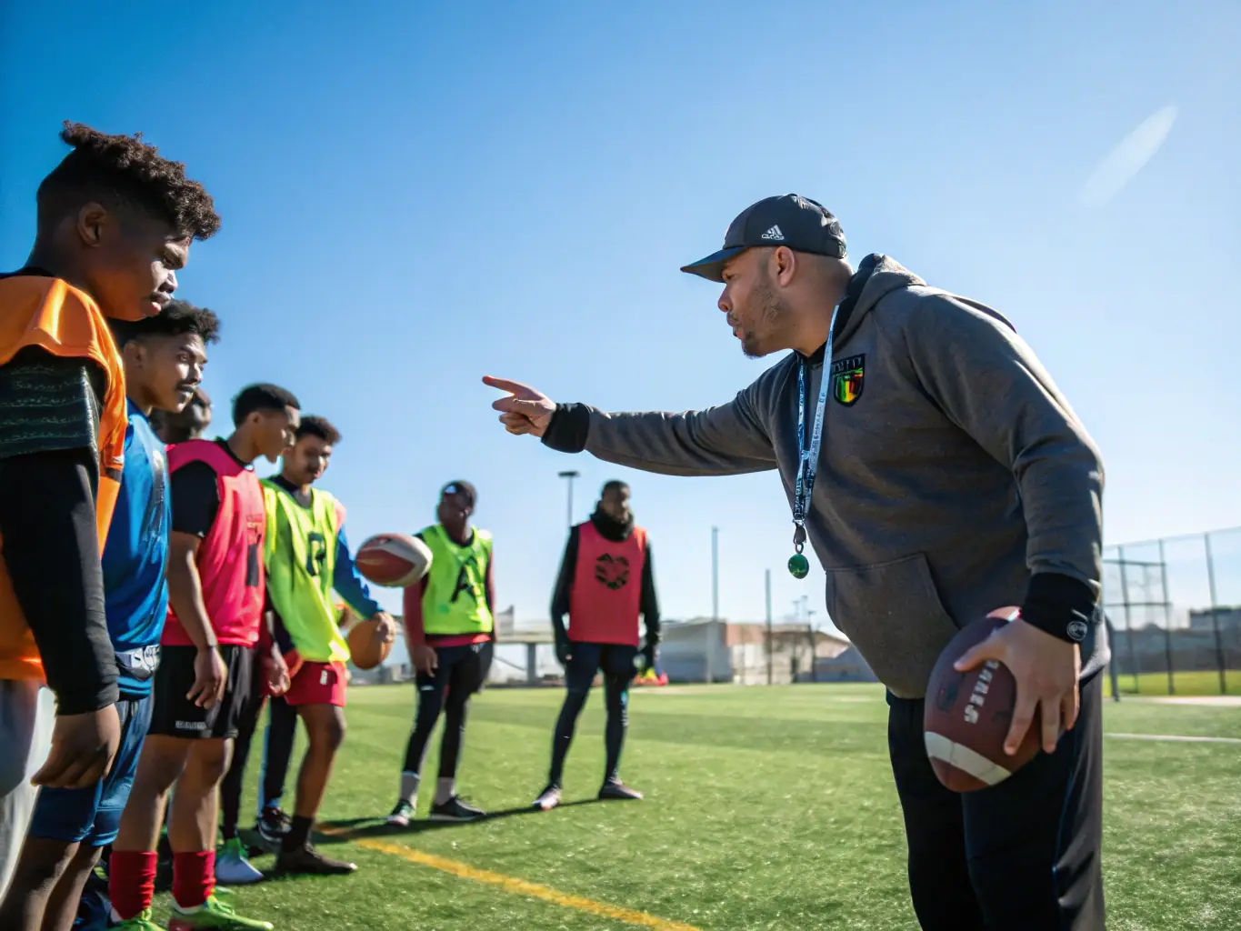 An image of a football coach guiding players during a practice drill at SPORTING CHATAIGNERAIE CANTAL, emphasizing the importance of technique and strategy.
