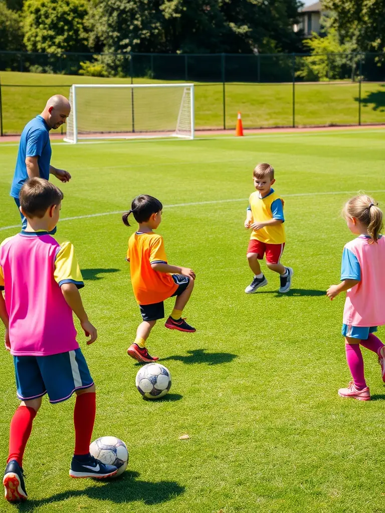 Action shot of young football players participating in a training drill at Sporting Chataigneraie Cantal, focusing on agility and coordination, under the guidance of a coach.